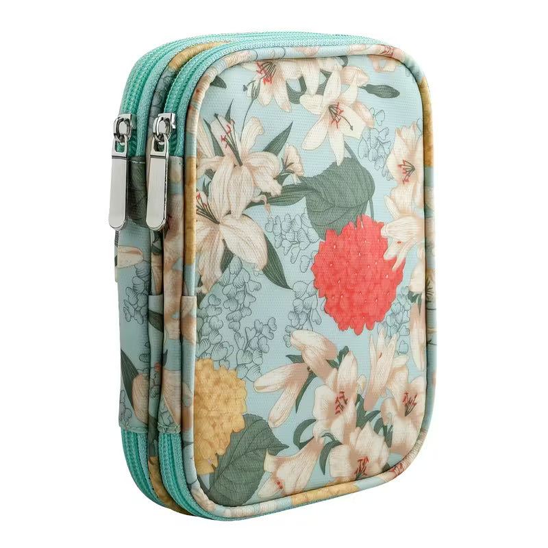 Floral-patterned pencil case with multiple compartments on a white background